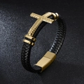 Three-layer braided black leather bracelet for men featuring a golden metal cross pendant - Gold/Striped Cross