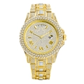 Vista dettagliata dell'orologio dorato con pavé di diamanti e display giorno-data - Oro