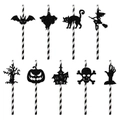 Cannucce di carta Halloween a righe bianche e nere con decorazioni glitterate spaventose - Tema di Halloween (L-00155)