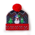 Blue LED Christmas beanie featuring snowman and tree patterns with red pompom on top - Blue Red-Snowman Tree