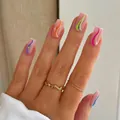 Short square press-on nails in nude pink with colorful wavy lines and gold glitter detail - Bz1486 Graceful And Elegant / Glue Type
