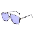 Classic aviator sunglasses with cow pattern frames and purple lenses on white background - Black White Frame Purple Lens