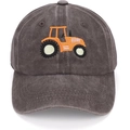 Washed grey cotton baseball cap featuring orange tractor embroidery with a curved brim - Adjustable / Washed Grey With Orange Tractor
