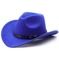 Detail of blue wool fedora hat featuring black leather band and silver metal buckle - M (56-58cm) Adjustable / Sapphire Blue