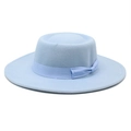 Elegant light blue flat top wool felt boater hat with decorative ribbon and bow detailing - M (56-58cm) / Sky Blue
