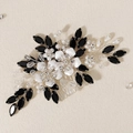 Elegant bridal hair comb with handmade pearls, black rhinestones, and white flower petals - Hs-j6662