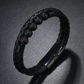 Macro view of double-layer woven black leather bracelet with matte beads and metal clasp - Black Agate