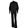 Women's black high neck knitted two-piece set with long sleeves and straight pants - M / Black