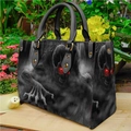 Gothic black PU leather handbag with red-eyed skull print in outdoor garden setting - Black Skull Ghost Hand (手提包0037)