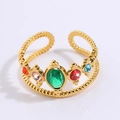 Gold open titanium steel ring with colorful gemstones resembling an infinity gauntlet - Crown Colorful Stones Style (JZ24-1)