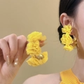Close-up of yellow chiffon flower C-shaped earrings showing detail and wearing effect. - 79# Silver Post Style