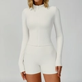 White ribbed yoga set featuring a zip-up long sleeve top and high-waist fitness shorts - S / Jacket + Shorts / Milky Apricot