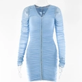 Sexy light blue bodycon dress with long sleeves, V-neck, and front zipper detailing - S / Blue