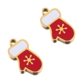 Set de dos colgantes de guantes de Navidad rojos en esmalte con copos de oro para joyas - Guante de Navidad dorado