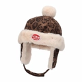 Bonnet aviateur léopard pour enfants avec doublure peluche chaude et pompon - 50cm (Recommandé 1-2 Ans) / Style Étiquette Ovale Rouge (BACKNOW) / Café