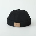 Black striped knit brimless cap for kids with brown leather bear patch detail - 52cm (Recommended 2-5 Years) / Bear Patch - Black