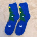Cozy blue coral fleece Christmas socks featuring green tree patterns and white snowflakes - One Size / New Blue Christmas Tree