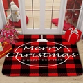 Christmas flannel absorbent floor mat featuring red and black buffalo plaid with festive text - 40x60cm / SDJ1D(Red Black Plaid with Christmas Ball)