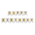 Detail of white swallowtail paper banners with gold HAPPY BIRTHDAY foil lettering - Birthday Banner White
