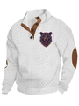 Witte gebreide sweater met kleurrijke berenprint en bruine elleboogstukken van leer - S / Tops / Wit (Kleurrijke Berendruk)