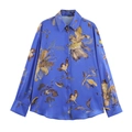 Blaue Satinbluse mit braunem Blumenmuster, Langarm und klassischem Kragen für Damen - XS / Blau Bedruckt