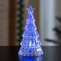 Nahaufnahme eines Mini-Kristall-Weihnachtsbaums mit leuchtend blauem LED-Lichteffekt - Klein-Transparent Mehrfarbiges Licht