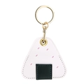 Onigiri-shaped leather AirTag holder with pink dots and golden metal keychain ring - Onigiri Rice Ball