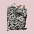 Close-up of black and white Toile de Jouy floral pattern on durable canvas tote bag - Black Coconut Tree