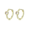 Gold huggie hoop earrings with beaded texture and iridescent round zircon stone - Gold