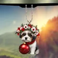 Cute puppy car ornament in acrylic with holiday floral crown and festive red scarf - 6-Daisy and Red Ball Dog