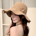 Khaki straw sun hat with crochet flower detail and wide brim for summer beach wear - Khaki Flower Crochet