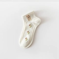 White low-cut cotton socks featuring cute bear and pink tulip floral embroidery - White Bear Flower - Ankle