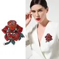 Red rhinestone rose brooch with teal leaves on a vintage silver base pin - XD825008 Red Rose Crystal