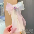 Rainbow gradient organza bow hair clip with purple gemstone and long streamers 25cm - Light Blue With Gemstone Streamer