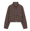 Detail of dark brown wool jacket featuring soft texture, stand collar, and snap buttons - XS / Dark Brown