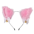 Close-up of pink plush cat ears headband with white bows and small golden bells detail - Pink White Bow