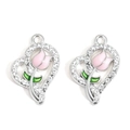 Pink tulip heart charm with sparkling rhinestones in silver alloy finish - Pink-Silver Plated