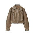 Vintage bruine PU-leren bikerjas met asymmetrische rits en verstelbare riem - XS / Donkerbruin