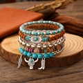 Bohemian multi-layer men's bracelet set with turquoise beads, wood, and metal charms - Western Bull Head Feather Mix (1858)