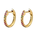 Macro detail of 14K gold hoop earrings featuring multi-colored gemstones and clear engraving - Gold Multi-color Stone