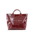 Glossy burgundy crocodile pattern tote bag with TOTE BAG text print and polished finish - Red