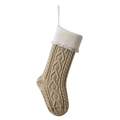 Knitted khaki Christmas stocking with white tassel fringe and textured cable knit pattern - Linen with Ivory White