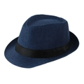 Classic dark blue linen fedora hat with black ribbon band on a clean white background - Adult Size (58cm) / Navy Blue with Black Band
