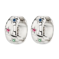 Detail of silver huggie earrings featuring star-shaped engravings and multicolor zircon stones - Silver-Multicolor Zirconia
