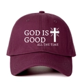 Classic burgundy cotton baseball cap with white God Is Good text and a cross graphic - One Size / Burgundy