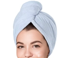 Light blue microfiber hair towel wrap shown on model in a post-bath skincare setting - Solid Color / 25*65cm / Sky Blue