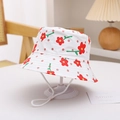 Detail of white kids bucket hat with red flower prints and adjustable chin strap - Red Large Flowers