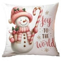 Rosa Weihnachts-Kissenbezug mit Schneemann und Joy To The World Aufdruck auf weißem Grund - Freude Schneemann (TQDS88-3)