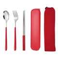 Portable 304 stainless steel cutlery set with red handle, storage case, and mesh bag - Red Silver Spoon Fork Chopsticks 3-piece Set with Mesh Bag