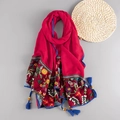 Red linen embroidery scarf with floral patterns and blue tassels for women beach wrap - Red
